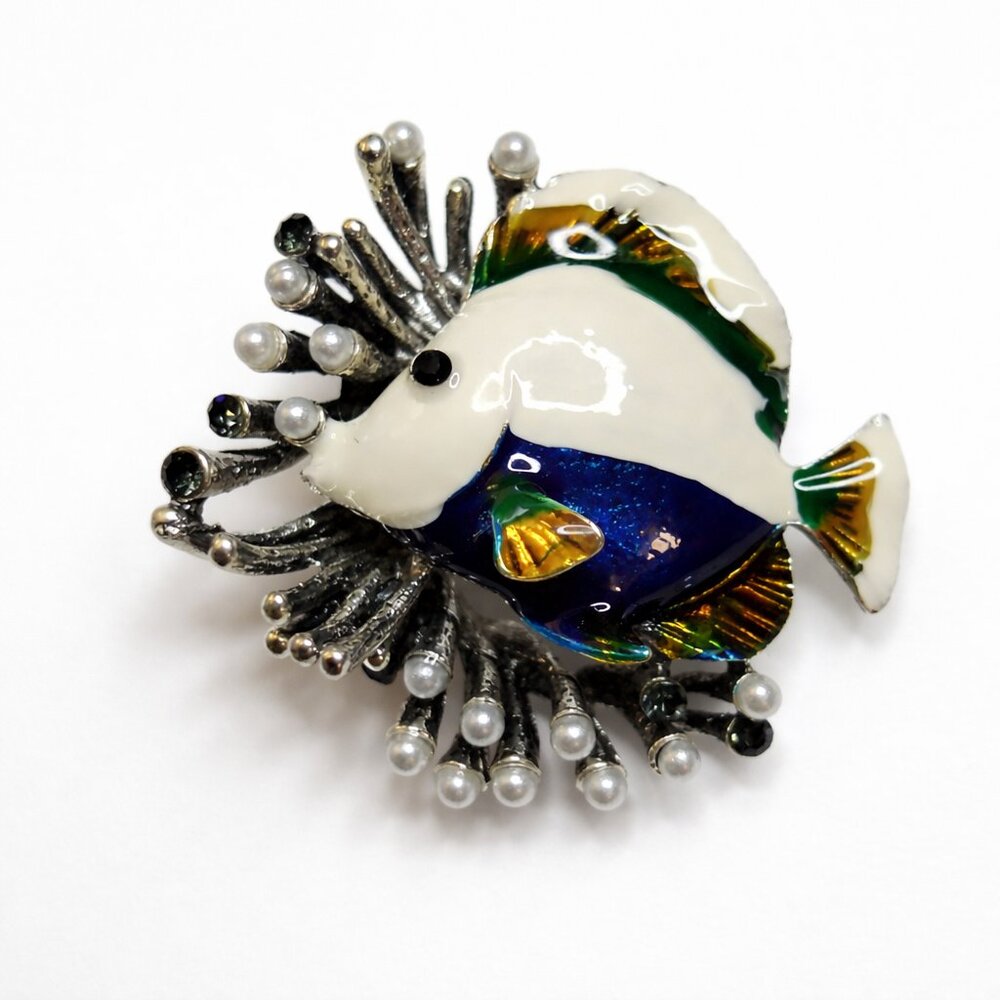 Enamel Tropical Angelfish Brooch | Faux Pearl Accents | Statement‎ Brooch